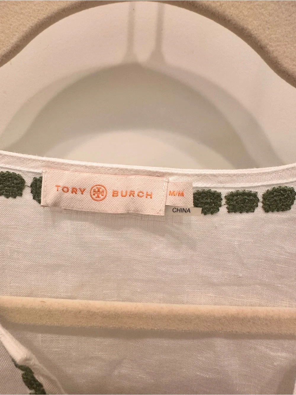 Tory Burch White Linen Tunic with Green Floral Embroidery